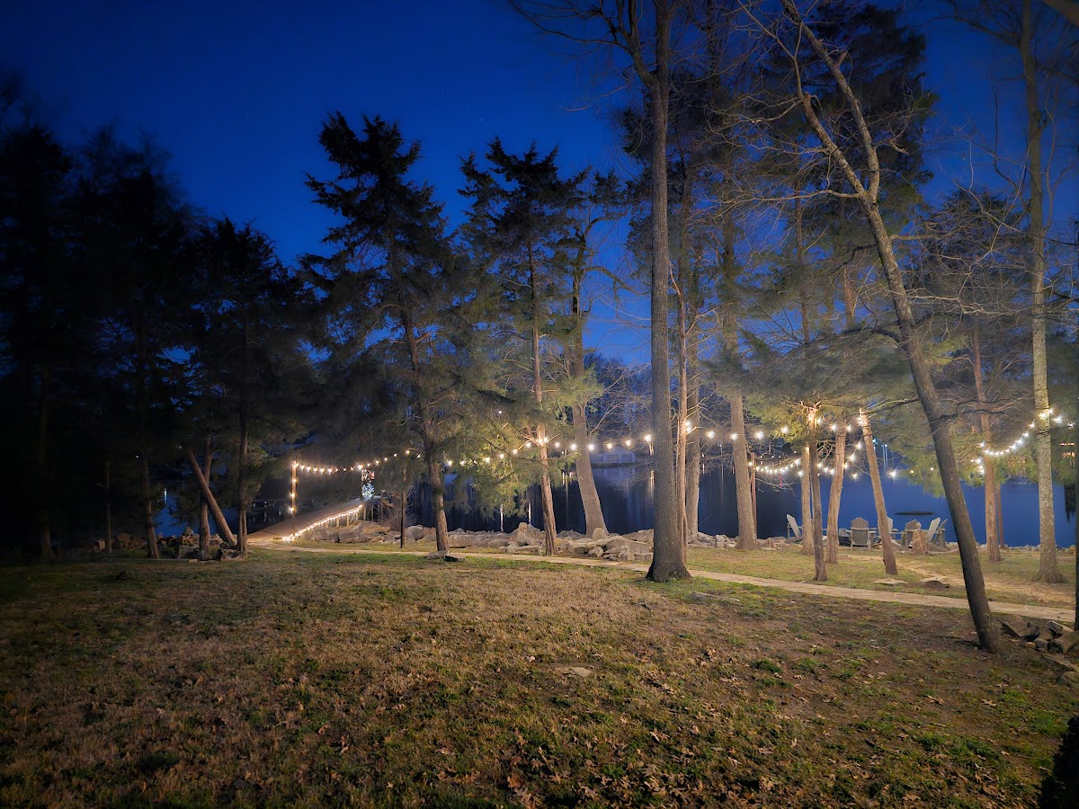 String lights illuminating the lakefront yard and trees on a clear evening at Guntersville Getaway